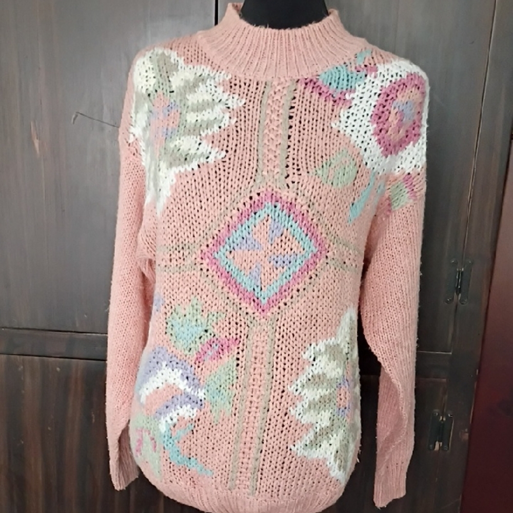 Vintage Floral Knit Mock Turtleneck Sweater - Peach With Pastel Floral Design M